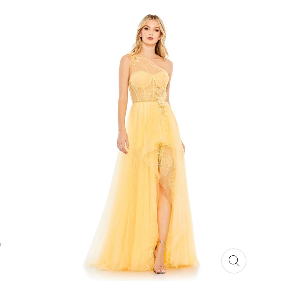 Mac Duggal Embellished Tulle One Shoulder High Low Gown Yellow